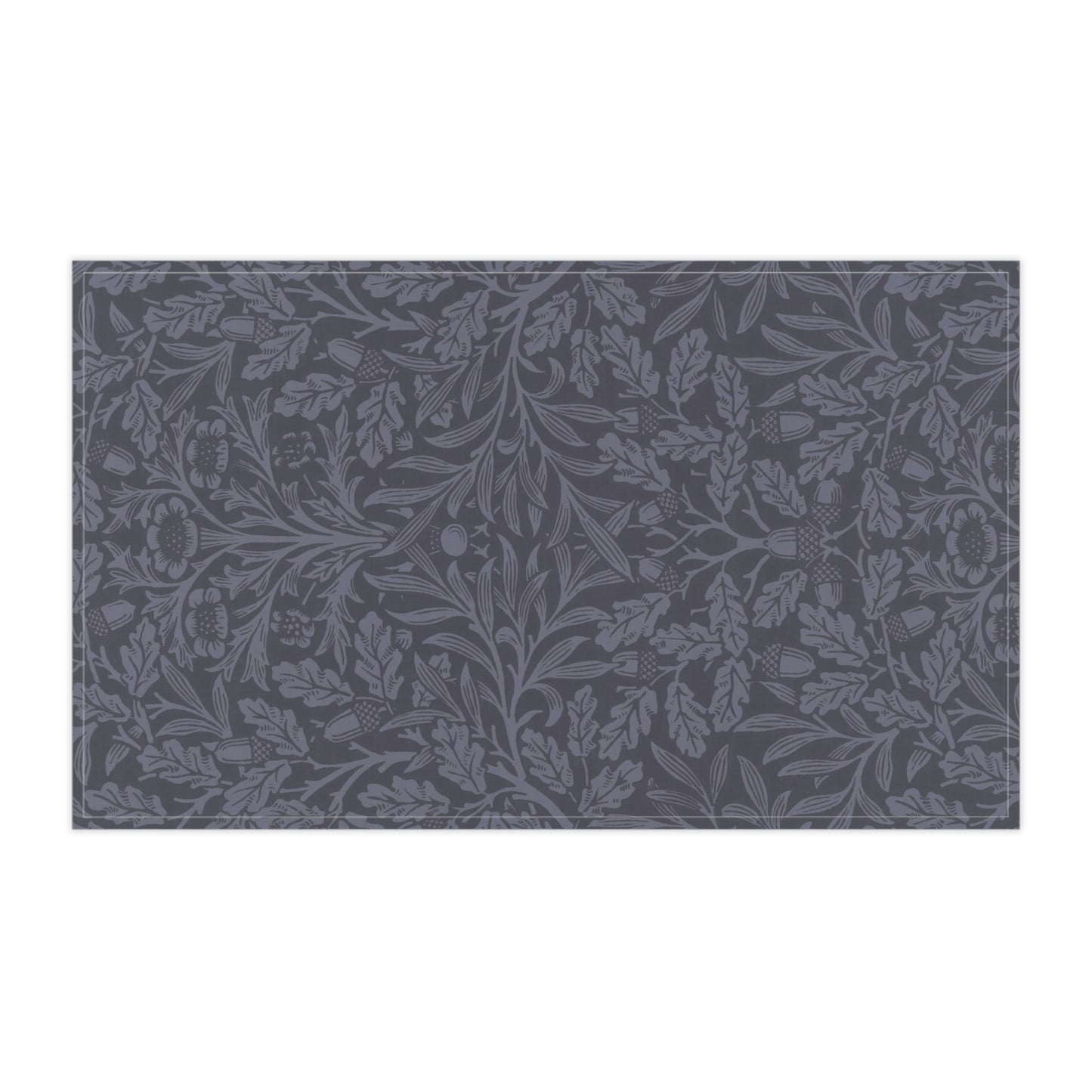 A smoky blue kitchen tea towel with a floral and leaf pattern inspired by William Morris - Acorn and Oak Leaves Collection.