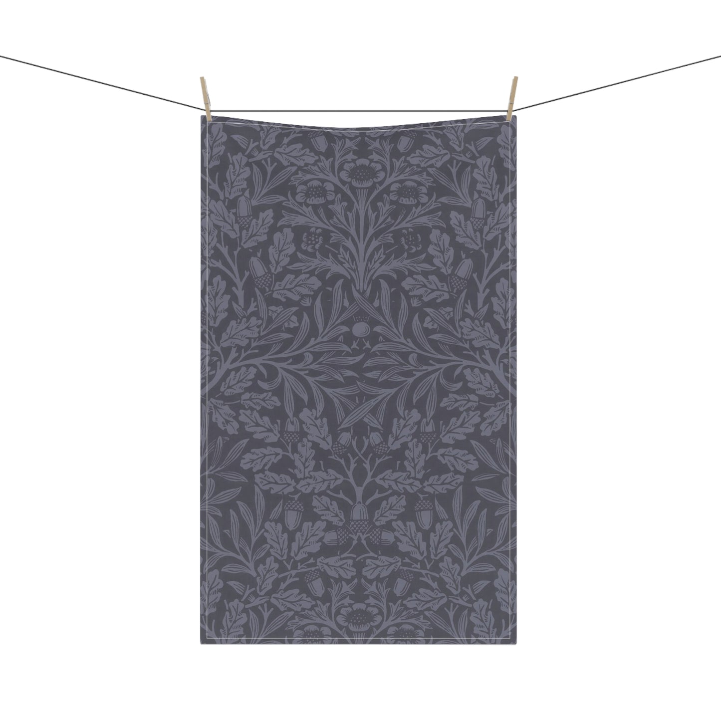 A smoky blue kitchen tea towel with a floral and leaf pattern inspired by William Morris - Acorn and Oak Leaves Collection.