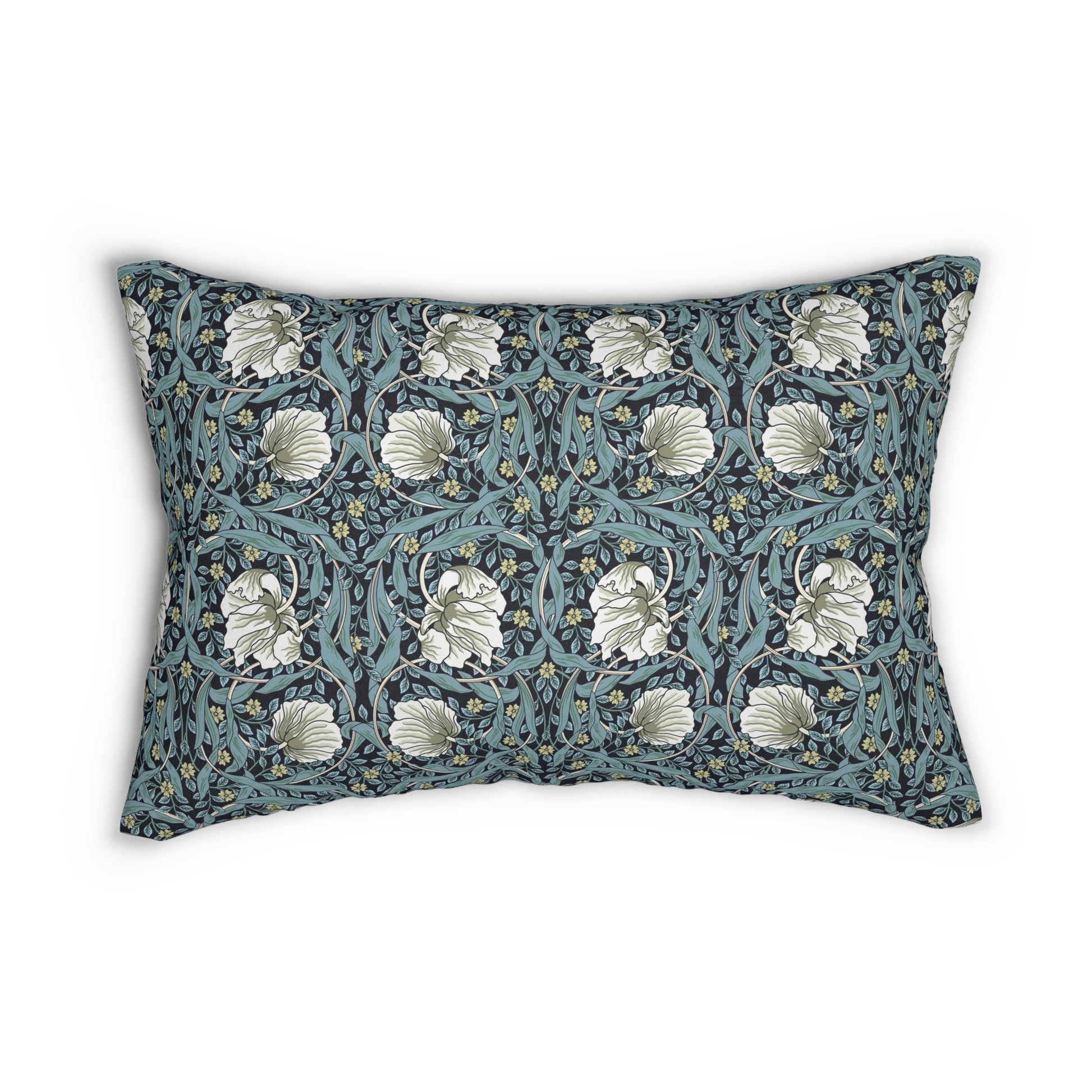 A rectangular lumbar cushion with a William Morris & Co floral pattern in shades of blue, beige, and white, featuring a concealed beige zipper.