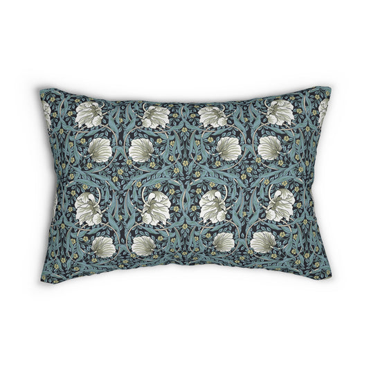A rectangular lumbar cushion with a William Morris & Co floral pattern in shades of blue, beige, and white, featuring a concealed beige zipper.