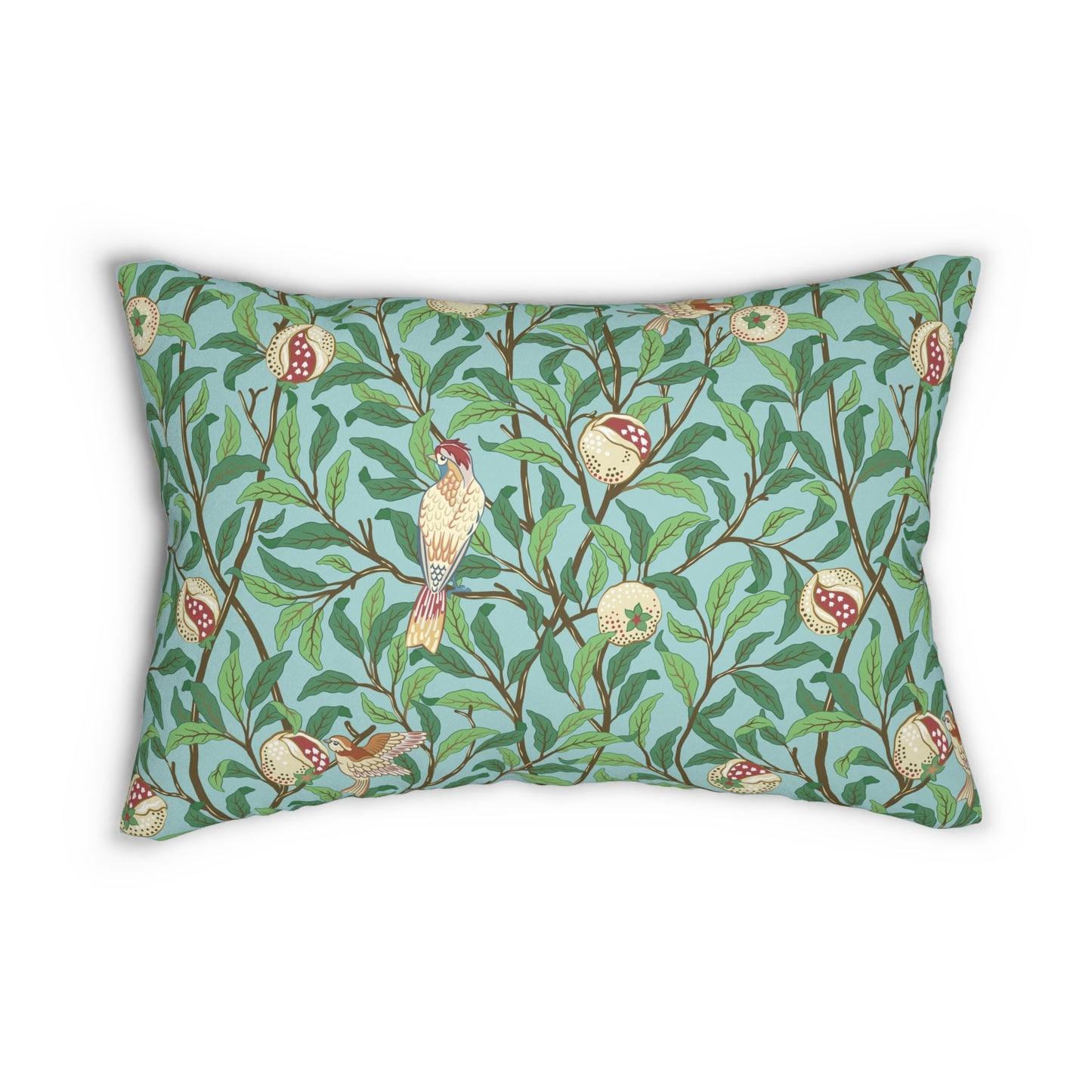 A rectangular lumbar cushion with a William Morris & Co bird and pomegranate print on a tiffany blue background, featuring a concealed zipper.