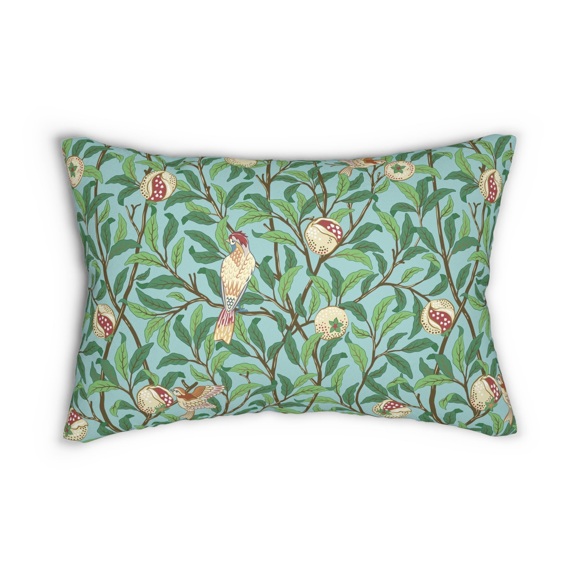 A rectangular lumbar cushion with a William Morris & Co bird and pomegranate print on a tiffany blue background, featuring a concealed zipper.