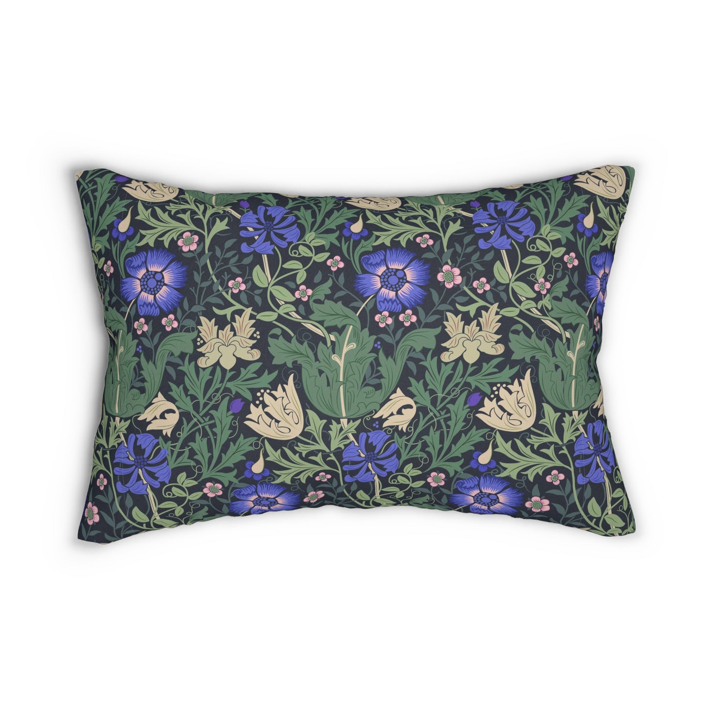 A rectangular lumbar cushion with a floral William Morris & Co pattern featuring predominantly blue flowers and green leaves on a darker background.