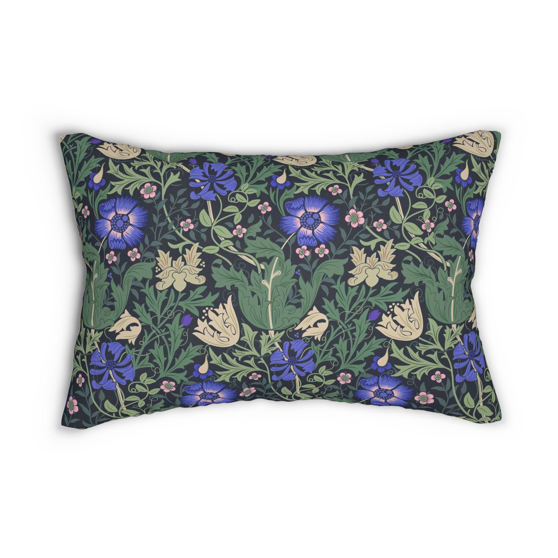 A rectangular lumbar cushion with a floral William Morris & Co pattern featuring predominantly blue flowers and green leaves on a darker background.