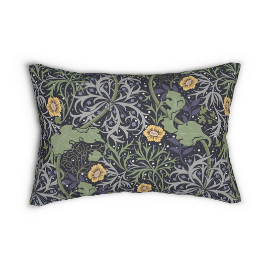 Rectangular lumbar cushion with a floral William Morris & Co pattern in yellow, green, and other colours on a dark background.