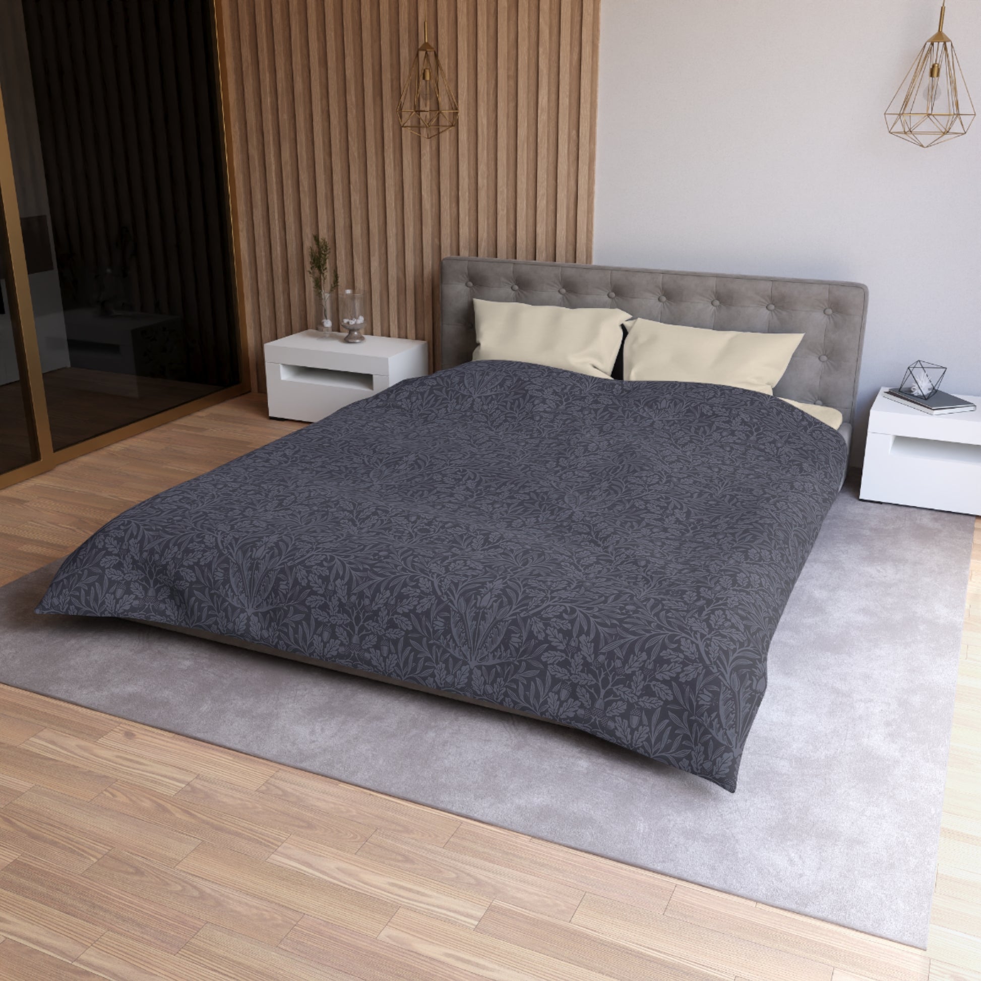 Gray textured duvet cover on a bed in a modern bedroom setting.