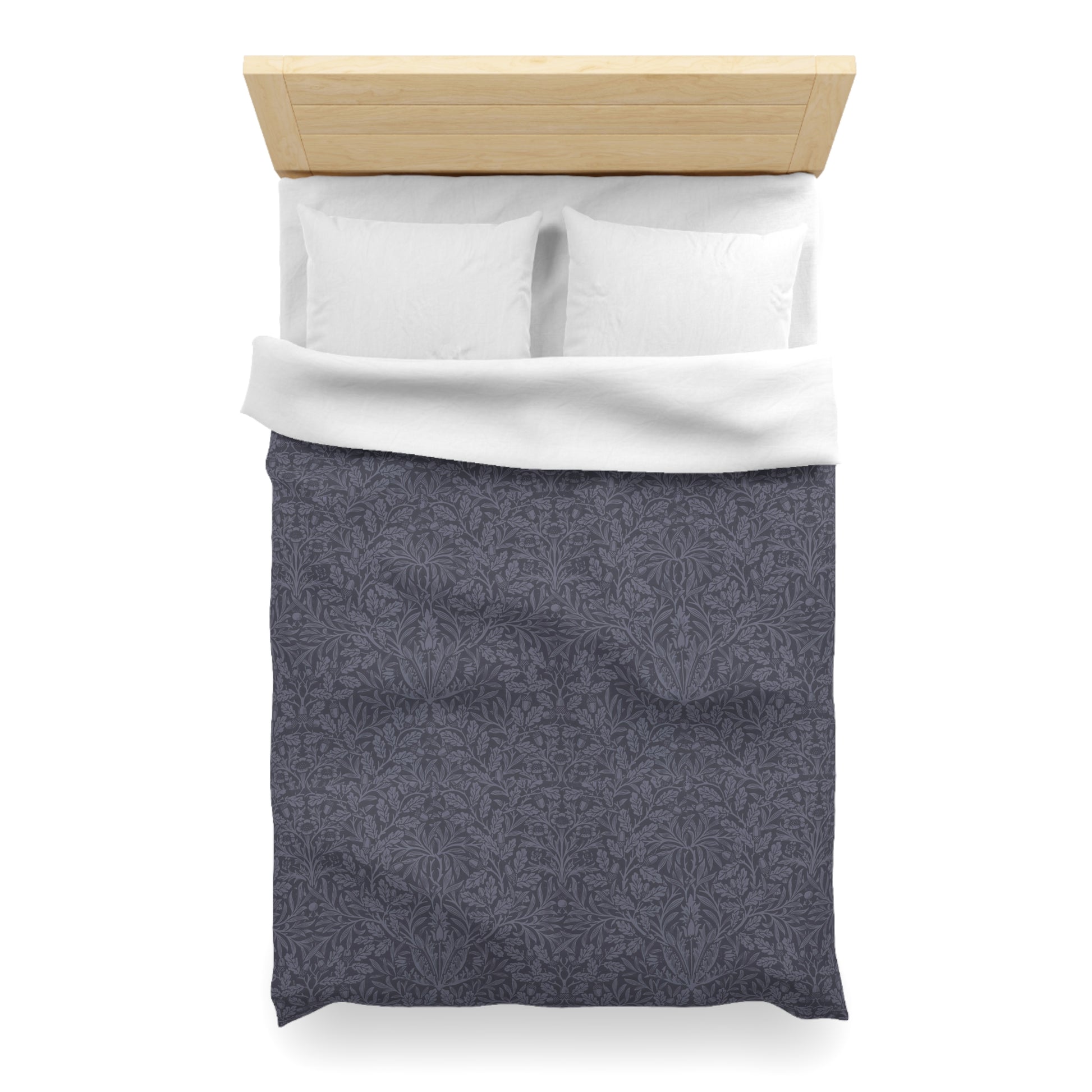 Gray patterned pouch with white top section on a white background