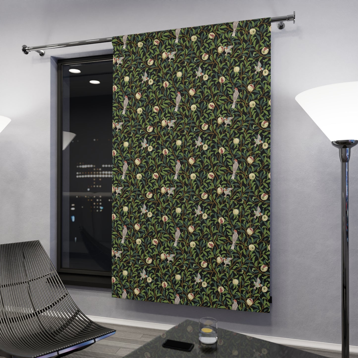 Patterned curtain in a room with modern decor