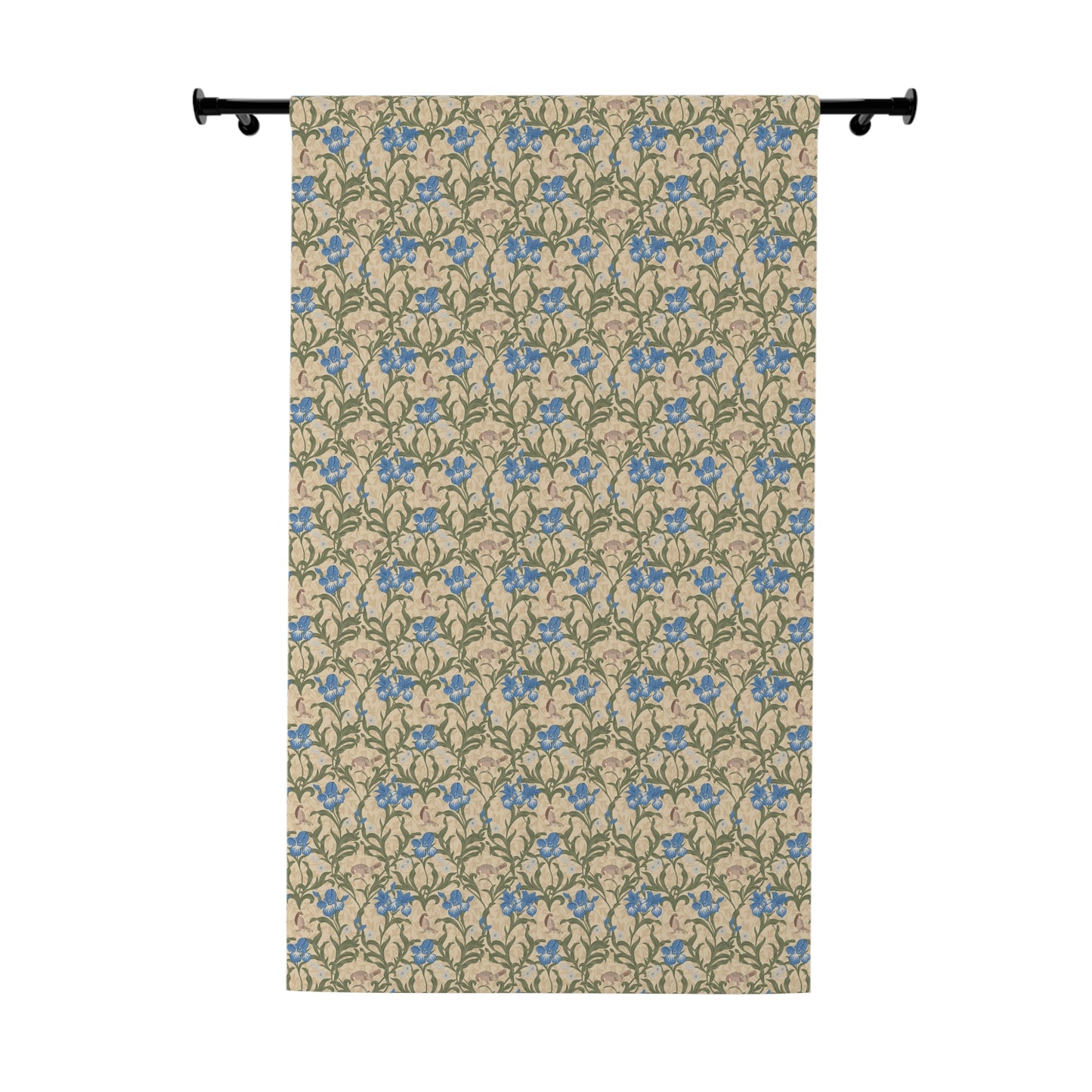 Decorative curtain with blue floral pattern on a beige background
