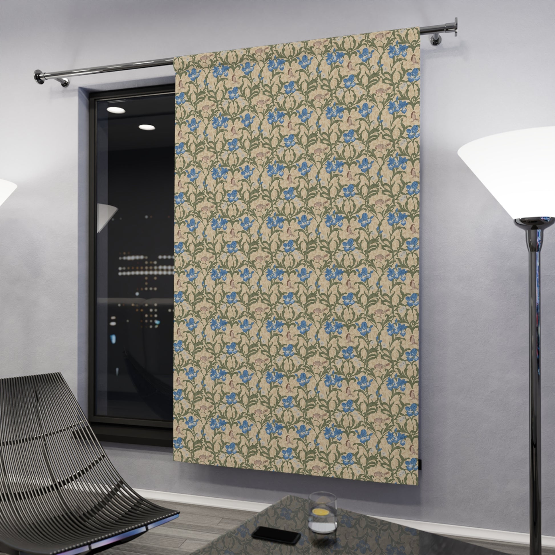 Decorative sliding barn door with floral pattern in a modern interior setting.