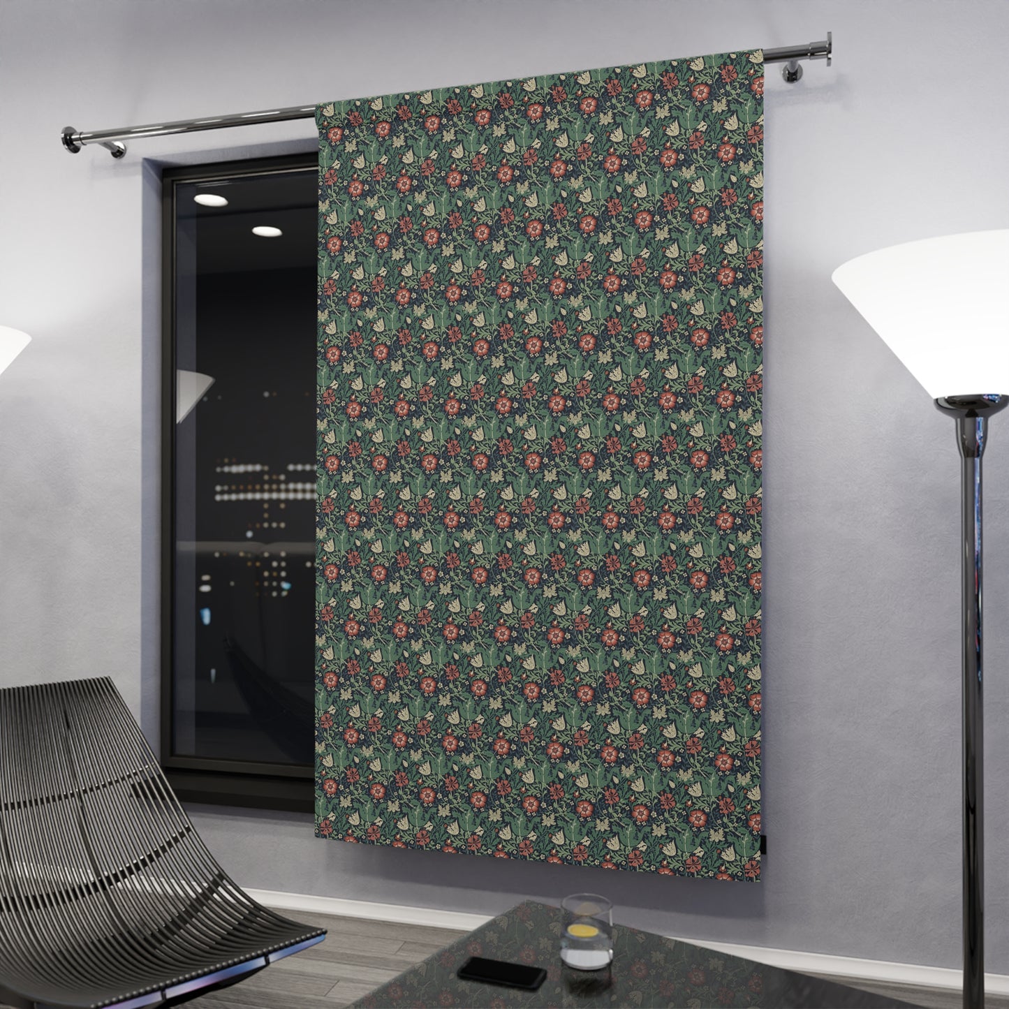 Floral patterned sliding door in a modern interior setting