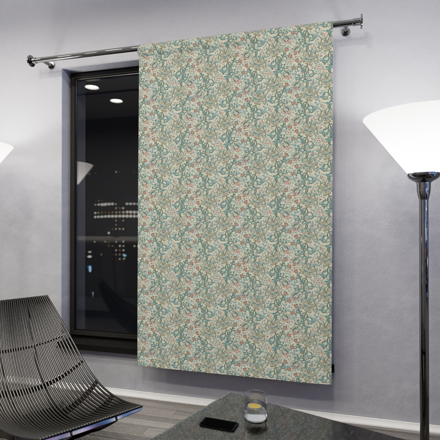 Decorative floral-patterned sliding door in a modern interior setting.