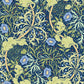Decorative pattern with blue flowers and green leaves on a dark blue background