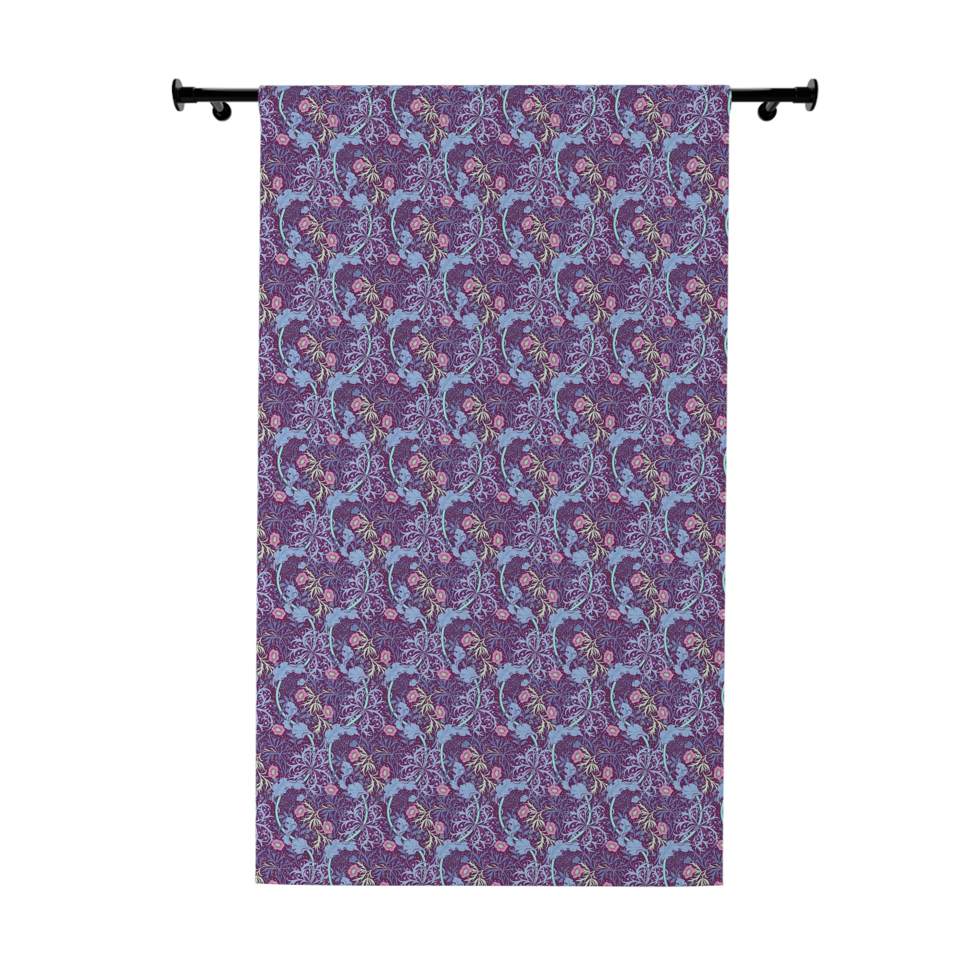 Purple fabric with blue and pink floral pattern on a white background