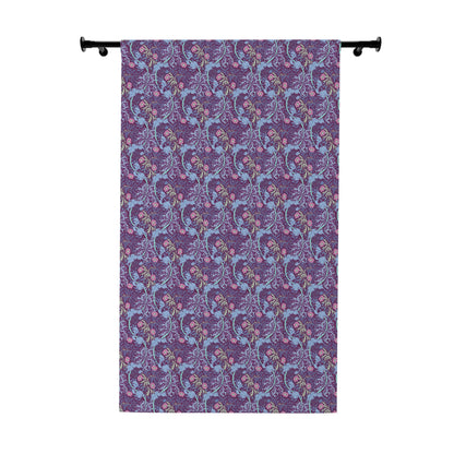 Purple fabric with blue and pink floral pattern on a white background