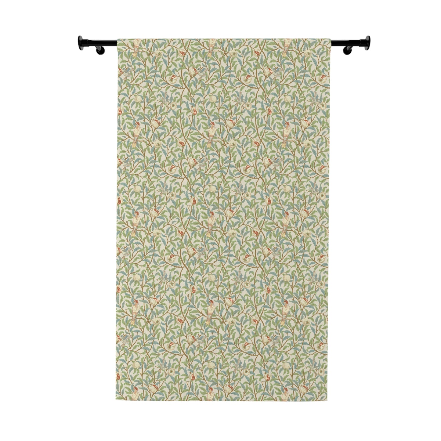 Patterned curtain with a decorative rod on a white background