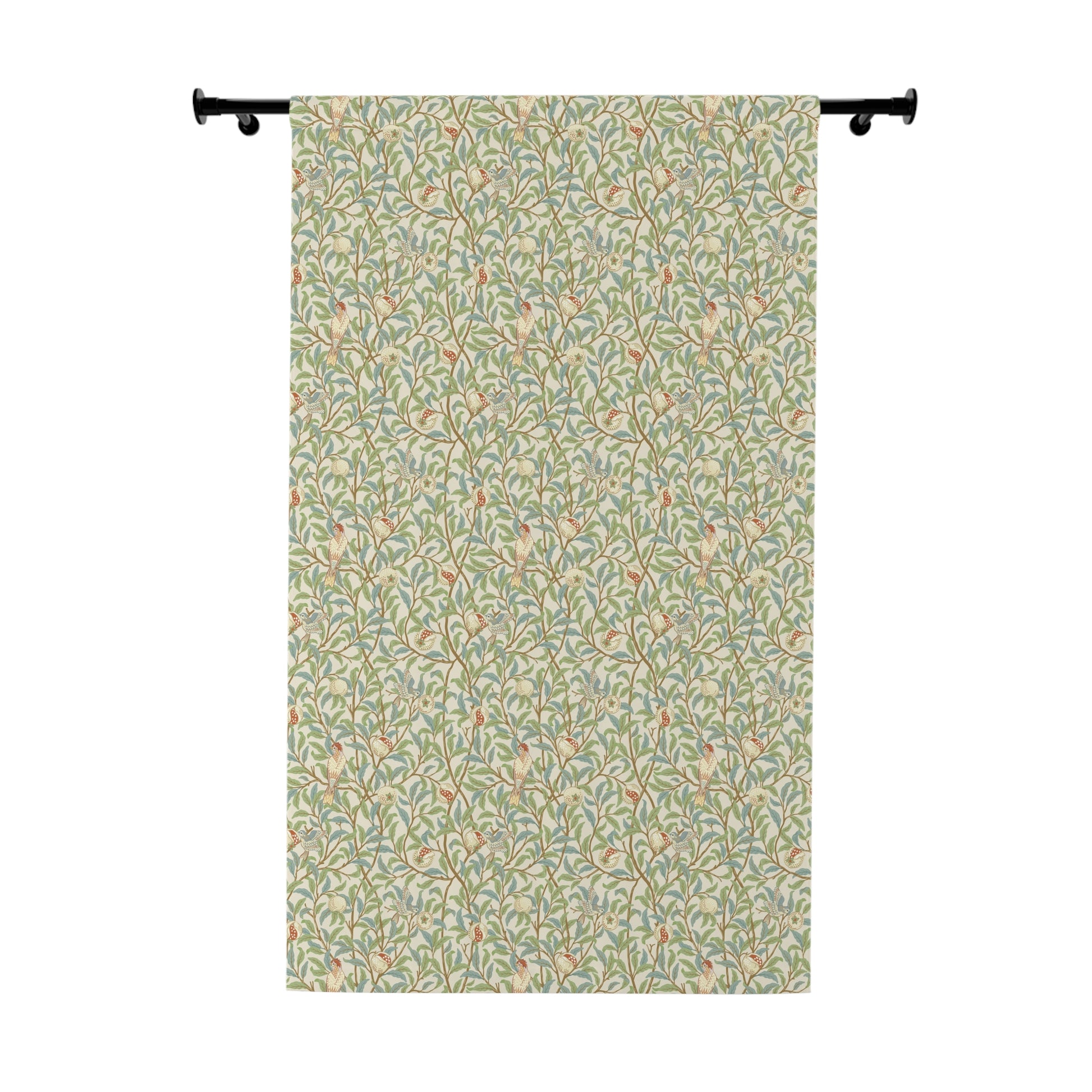 Patterned curtain with a decorative rod on a white background