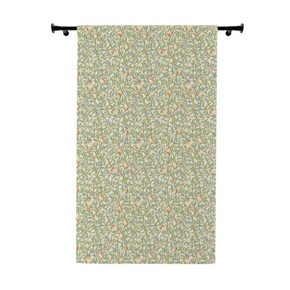 Patterned curtain with a decorative rod on a white background