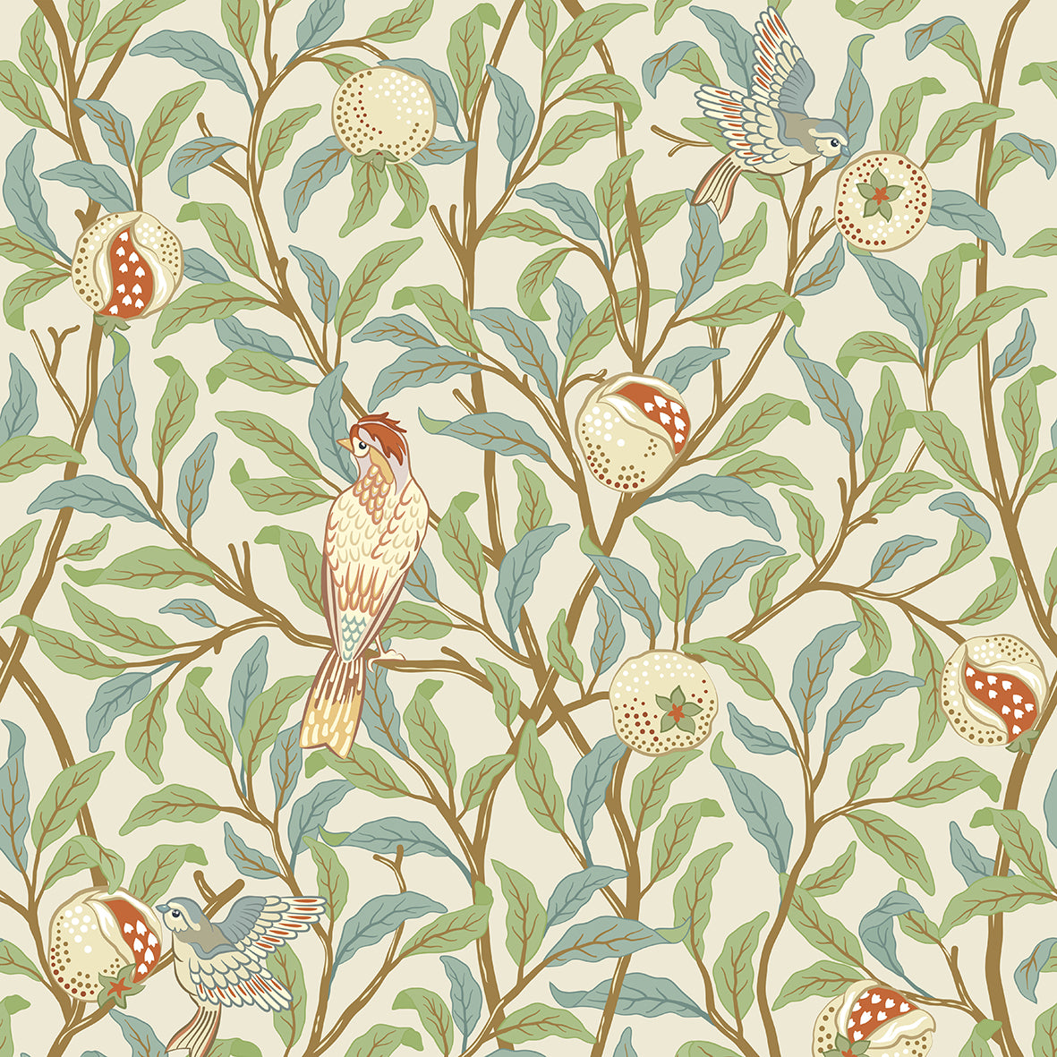 Patterned wallpaper with birds and leaves on a beige background
