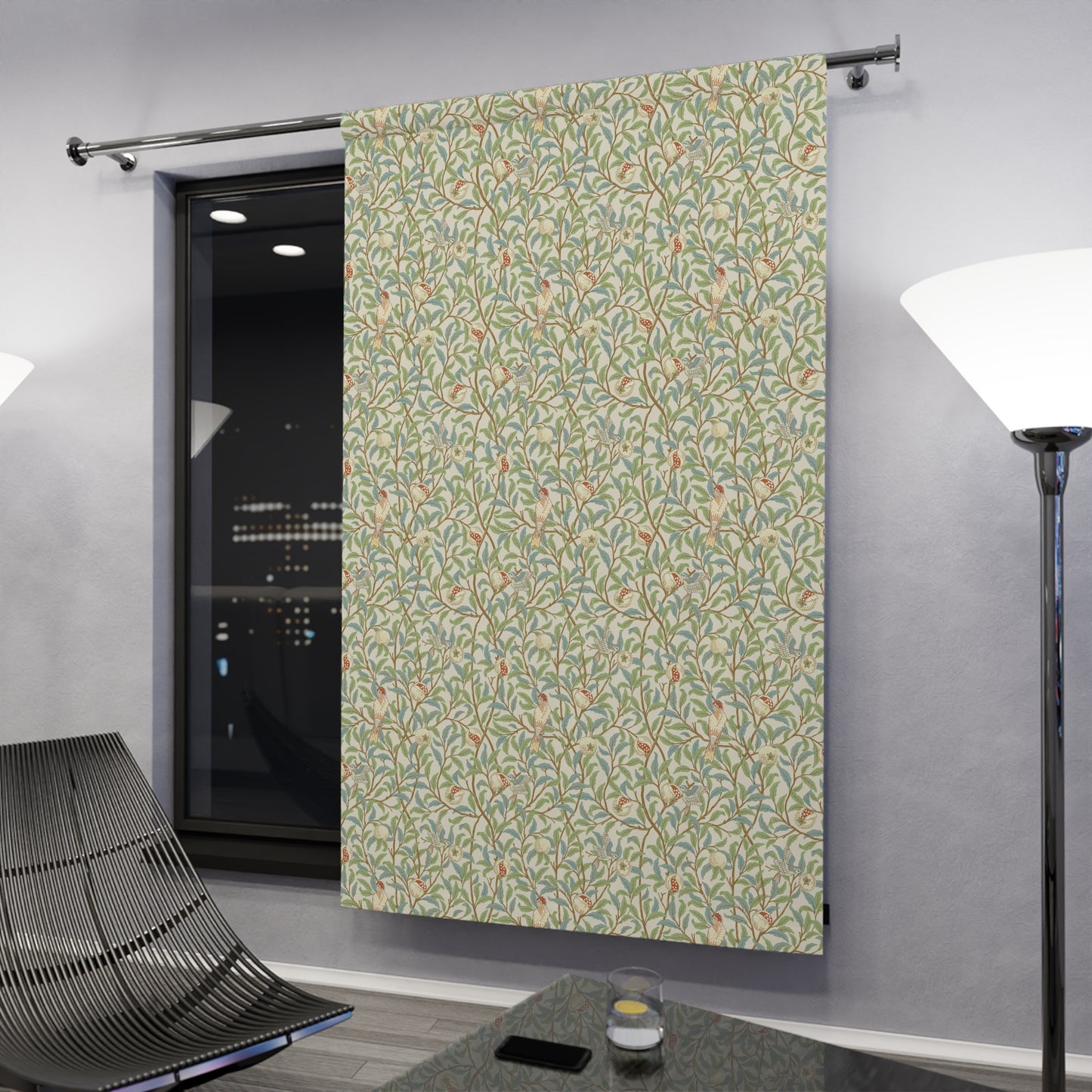 Patterned sliding door in a modern interior setting with a chair and lamp.