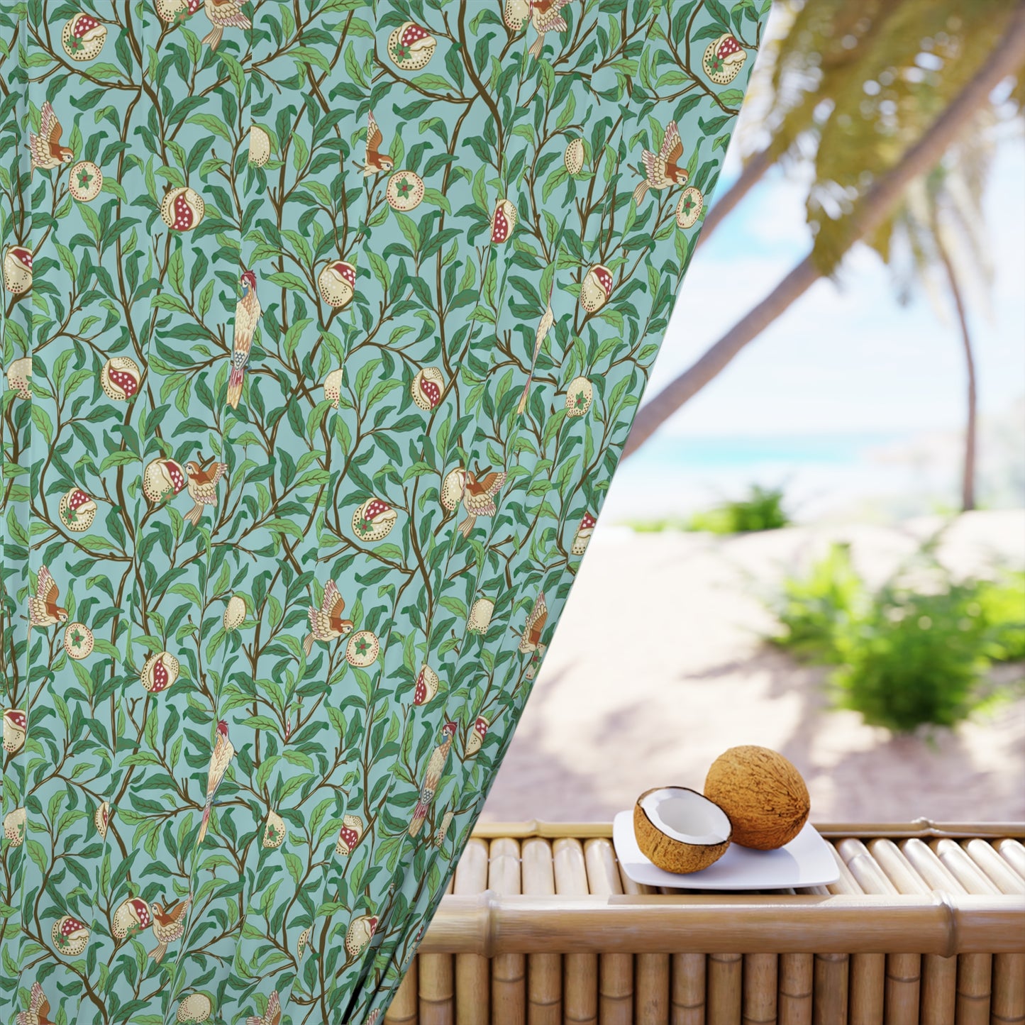 Decorative fabric with nature-themed pattern on a beach setting
