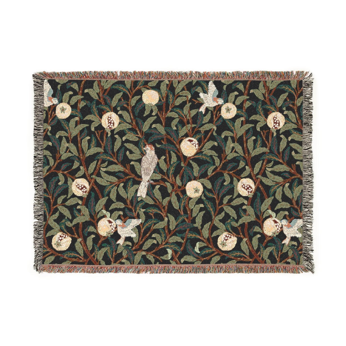 A woven cotton blanket with a geometric William Morris & Co pattern featuring birds and pomegranates in a onyx black colour, with fringed edges.