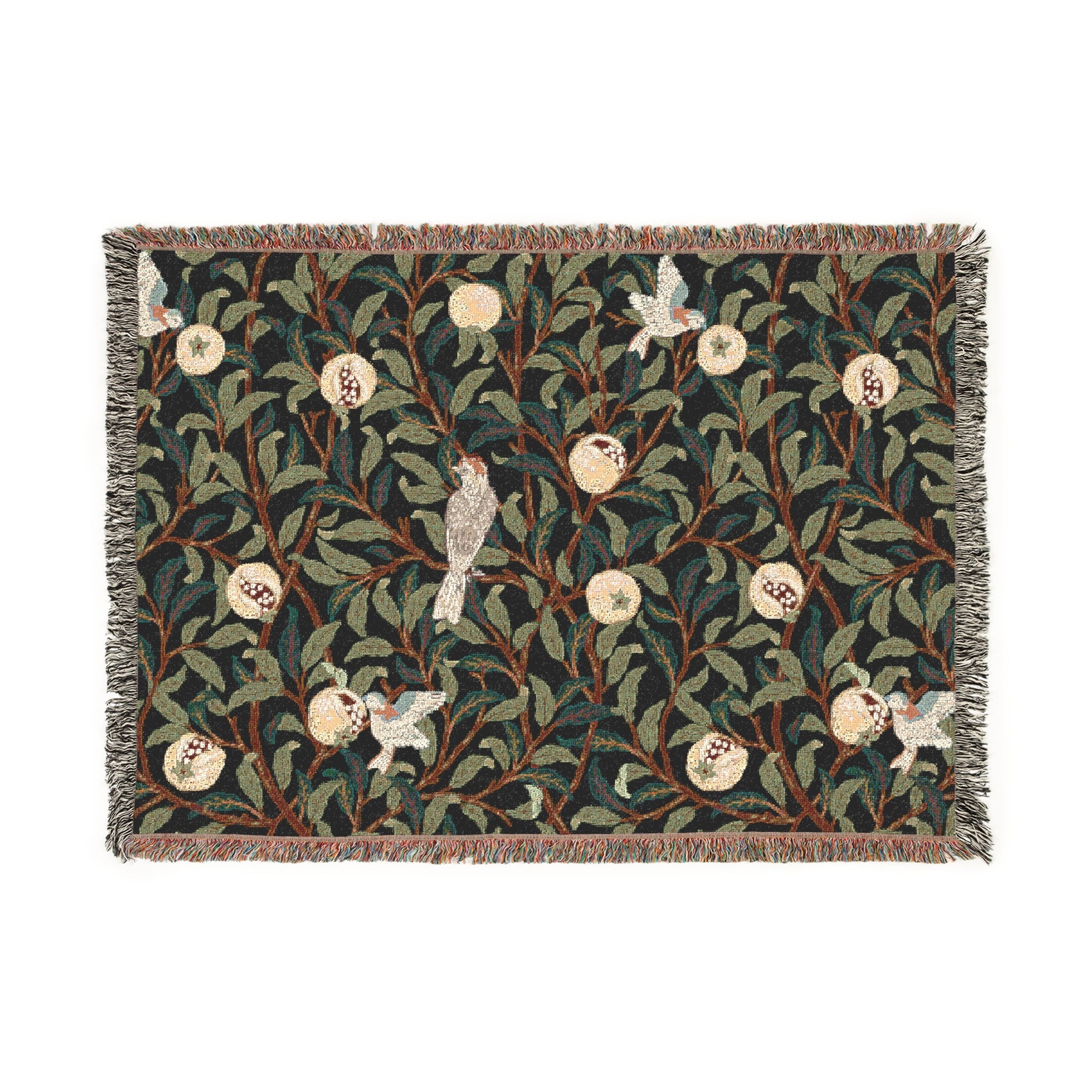 A woven cotton blanket with a geometric William Morris & Co pattern featuring birds and pomegranates in a onyx black colour, with fringed edges.