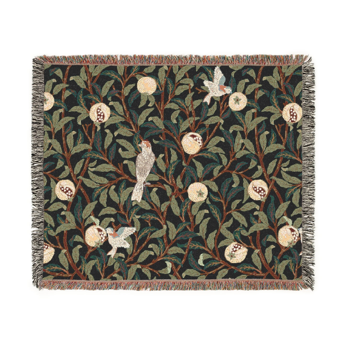 A woven cotton blanket with a geometric pattern featuring birds and pomegranates in a onyx black color, with fringed edges.
