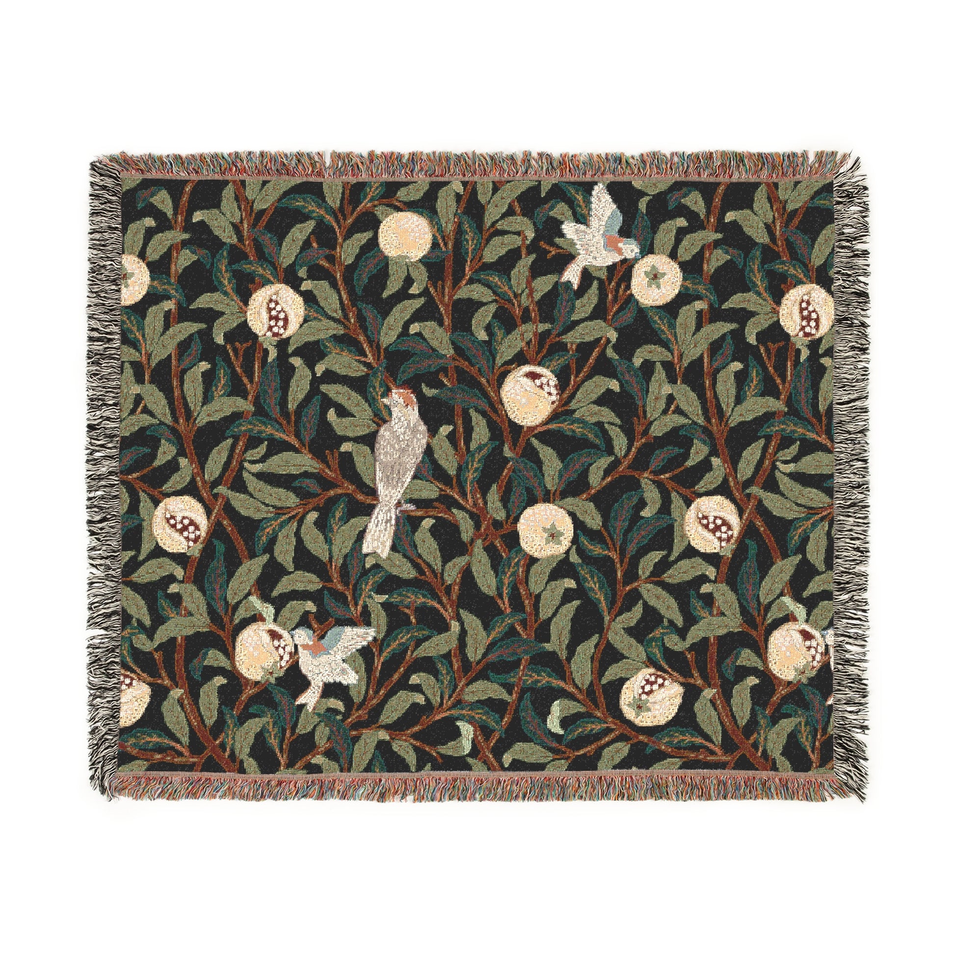 A woven cotton blanket with a geometric pattern featuring birds and pomegranates in a onyx black color, with fringed edges.