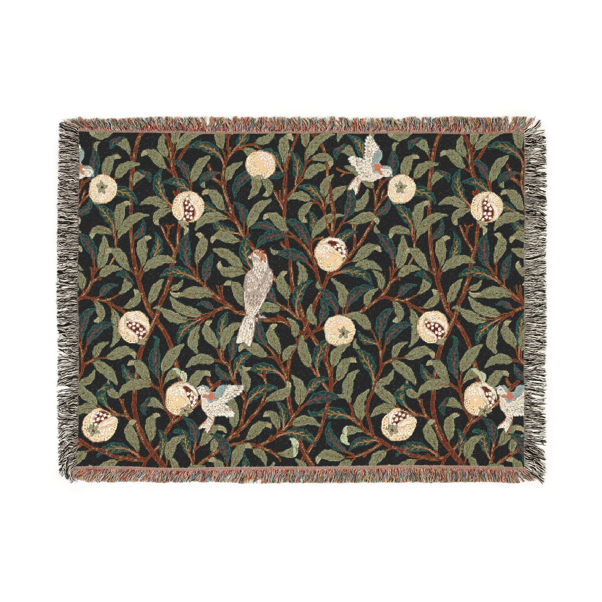 A woven cotton blanket with a geometric pattern featuring birds and pomegranates in a onyx black color, with fringed edges.