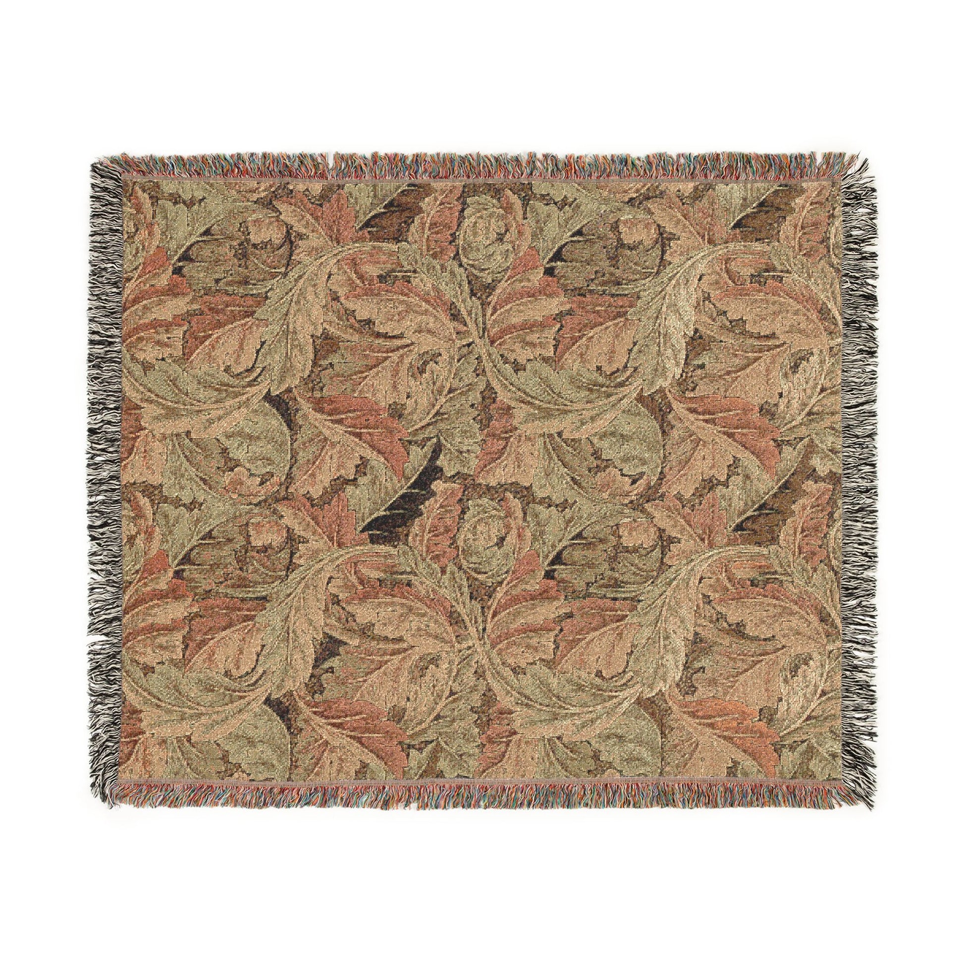 Woven blanket with leaf pattern on a white background