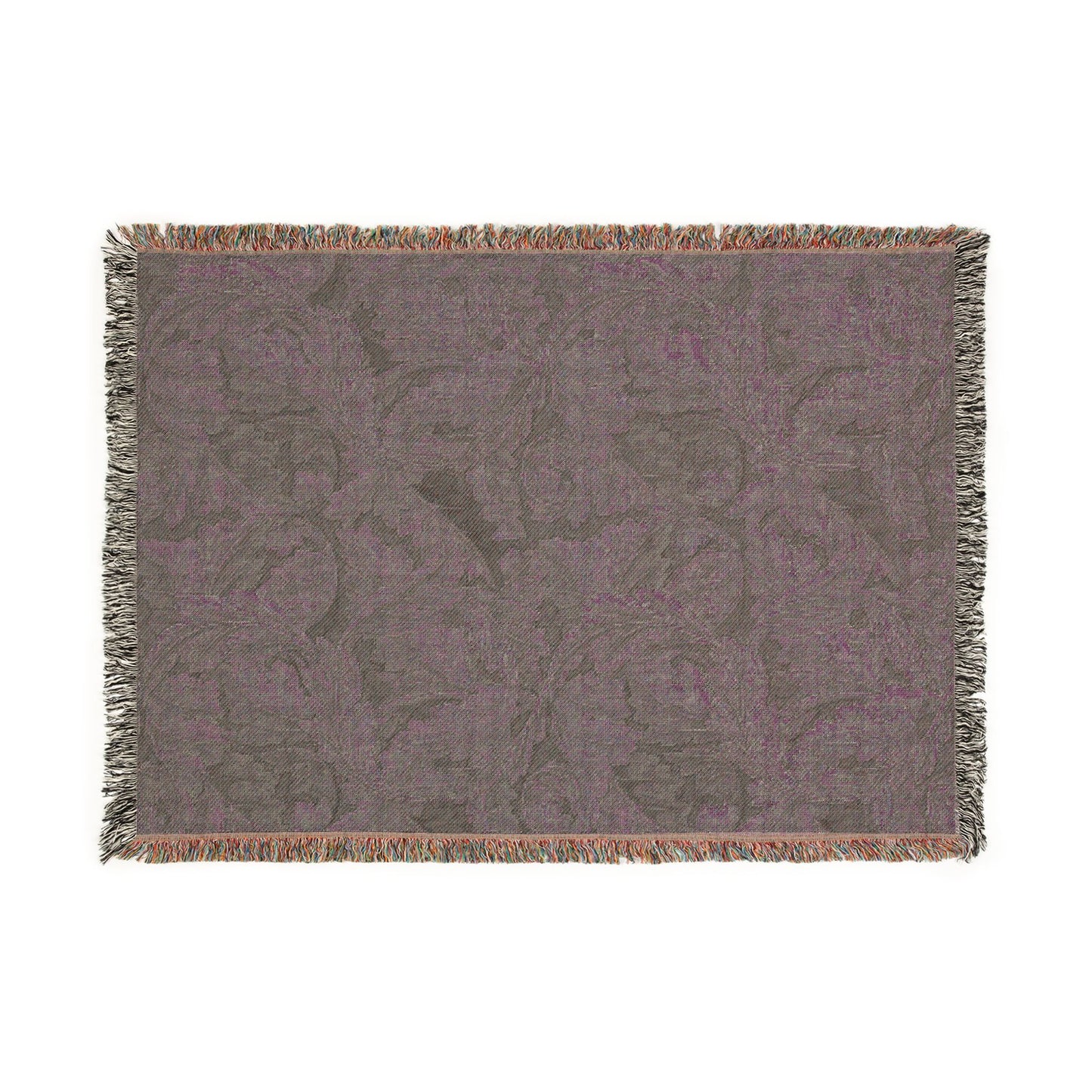 Gray woven blanket with fringe on a white background