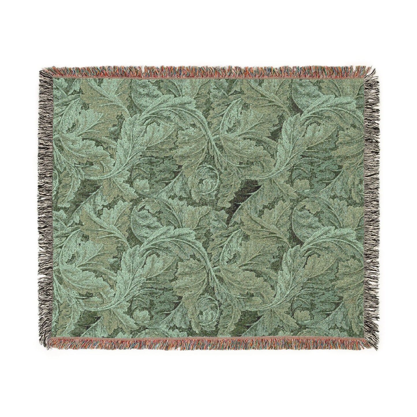 Green floral patterned throw blanket with fringe on a white background