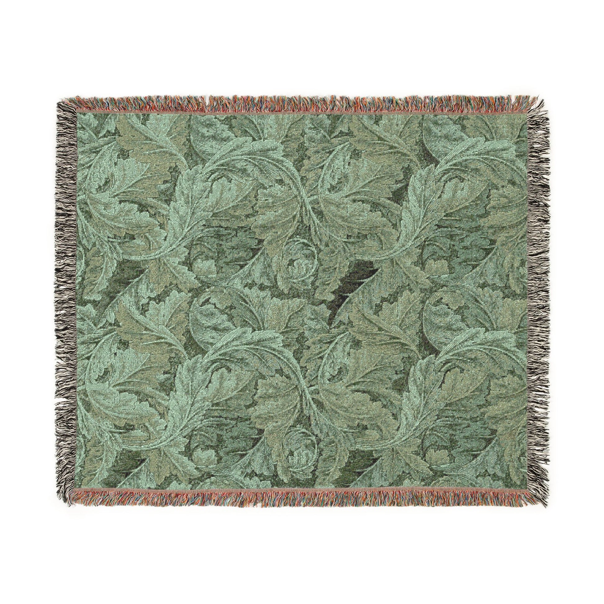 Green floral patterned throw blanket with fringe on a white background