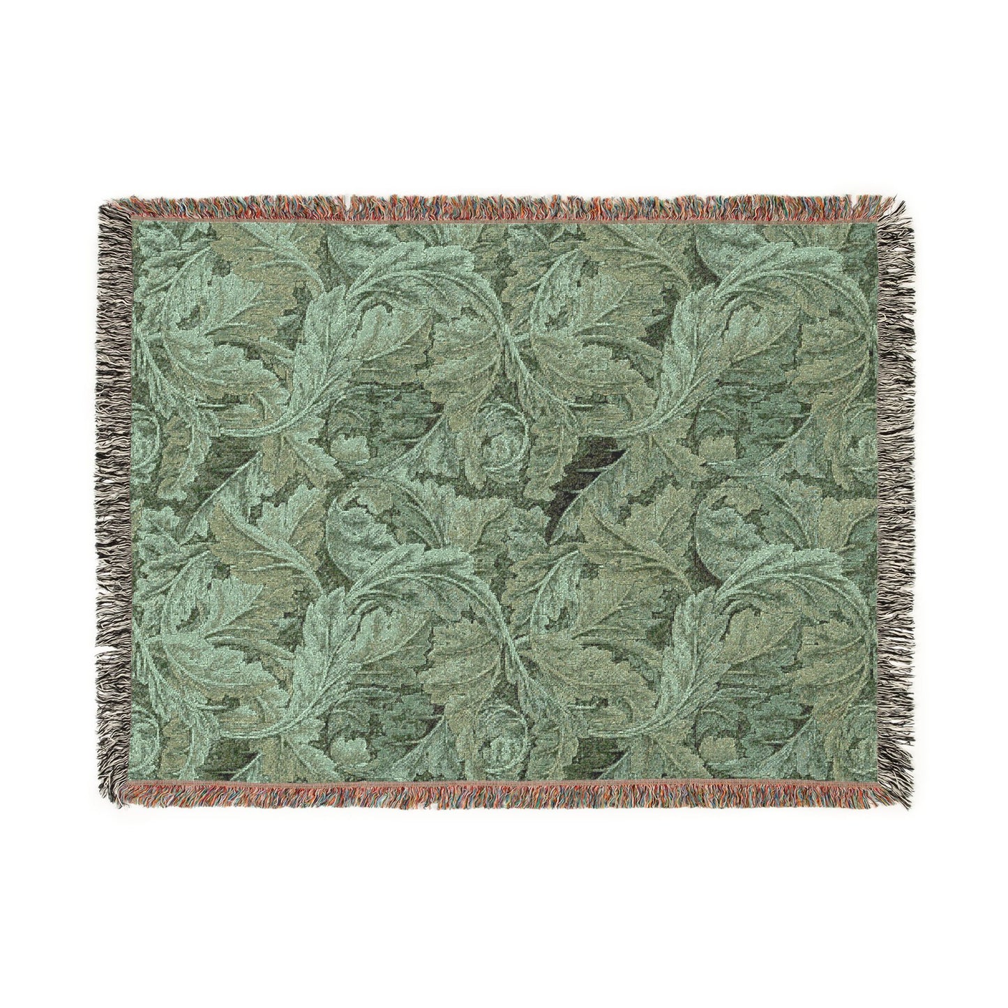 Green patterned throw blanket with fringe on a white background