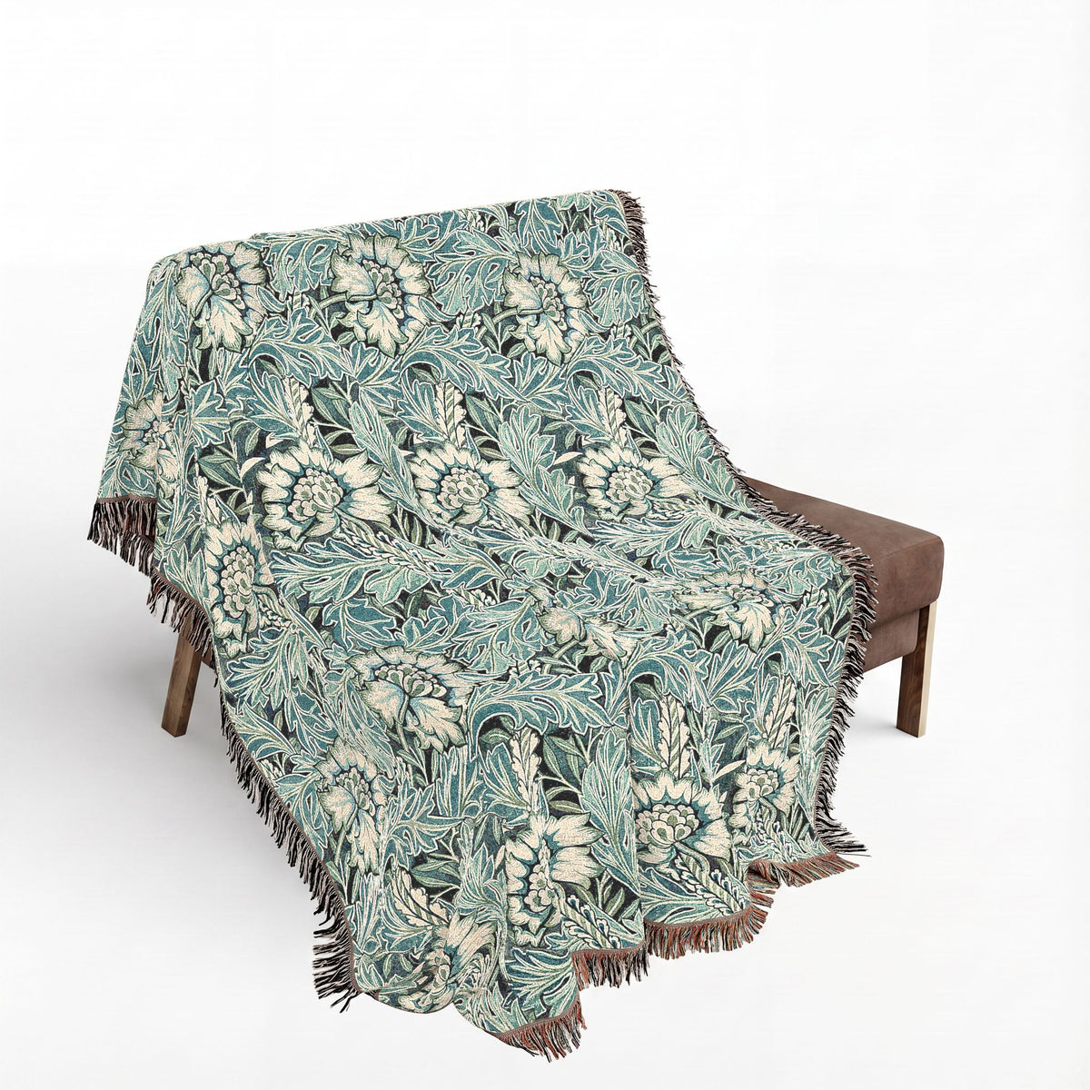 Woven Cotton Blanket inspired by William Morris - Anemone Collection (Aqua)
