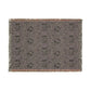 A rectangular woven throw blanket with fringed edges, featuring an abstract pattern of interwoven gray, purple, and black yarns with subtle orange accents along the fringe.