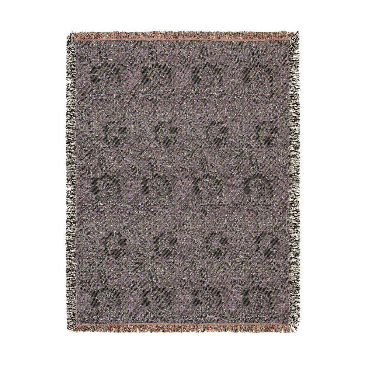 A rectangular woven throw blanket with a textured, heathered pattern in shades of purple, gray, and black, featuring a fringed border.