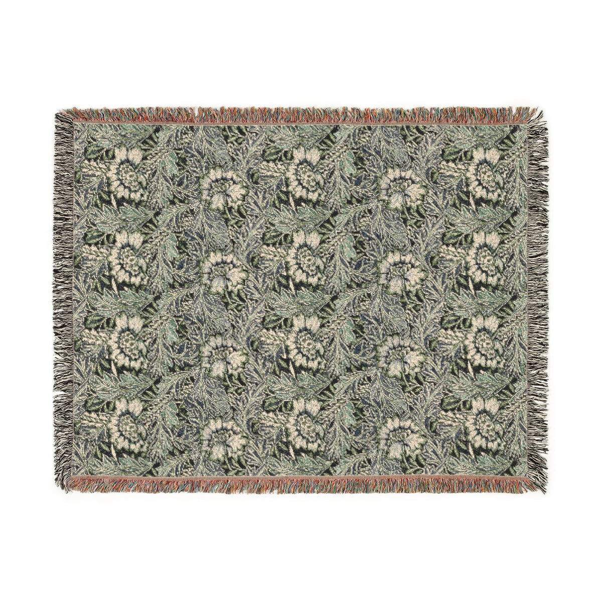 A rectangular woven throw blanket featuring a repeating floral and leaf pattern in muted green, beige, and gray tones, finished with fringed edges and a narrow rust-colored border.