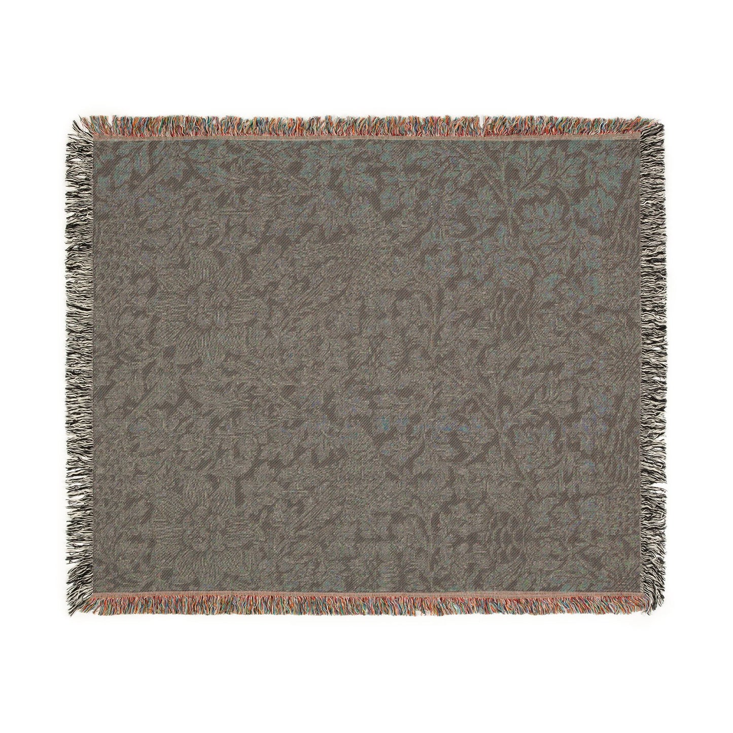 Gray patterned throw blanket with fringe on a white background