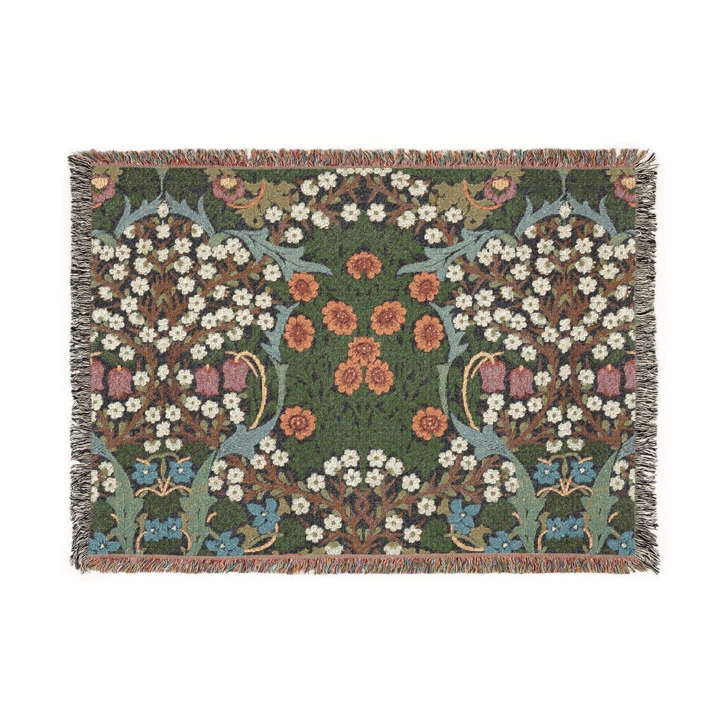 Floral patterned rug with green background on a white background
