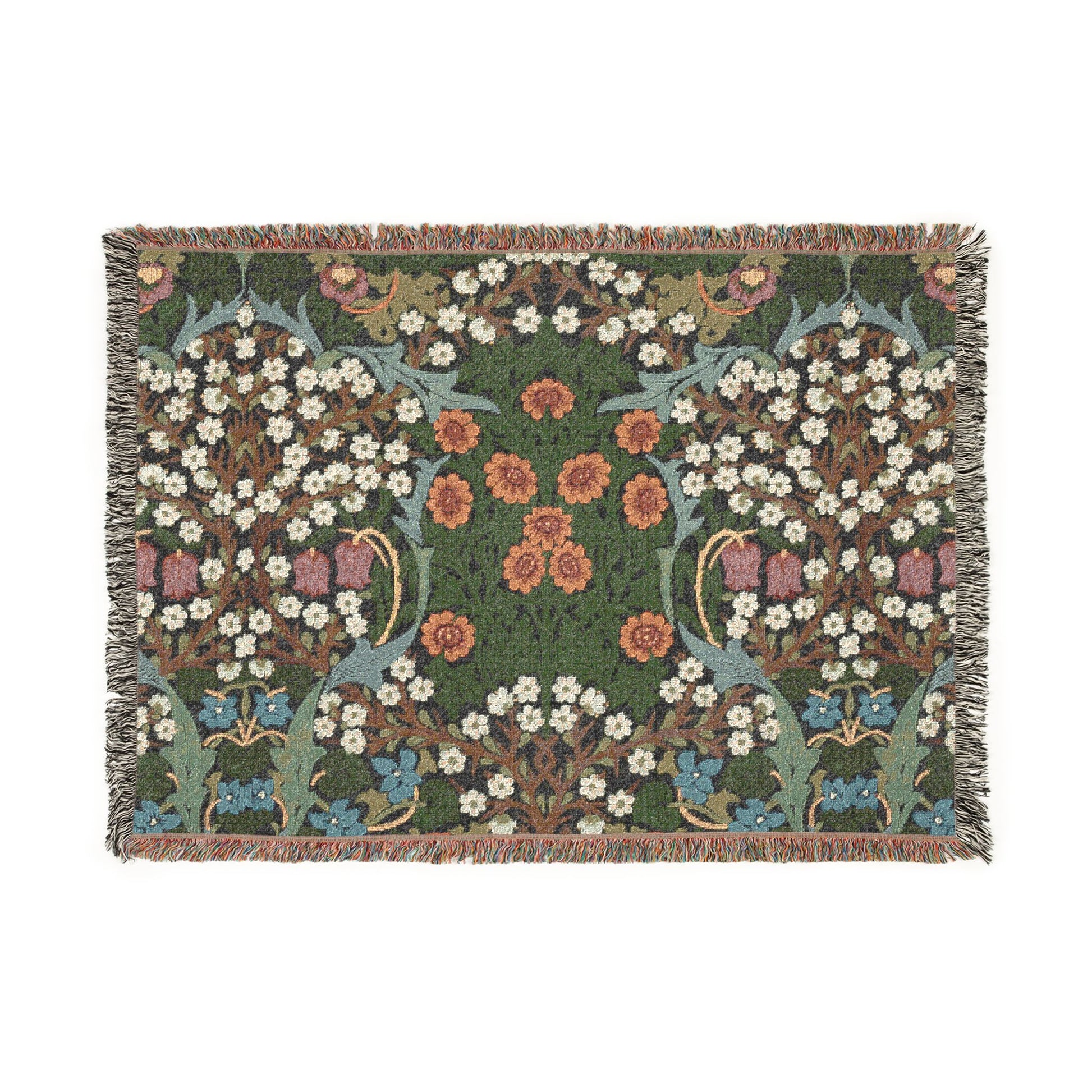 Floral patterned rug with green background on a white background
