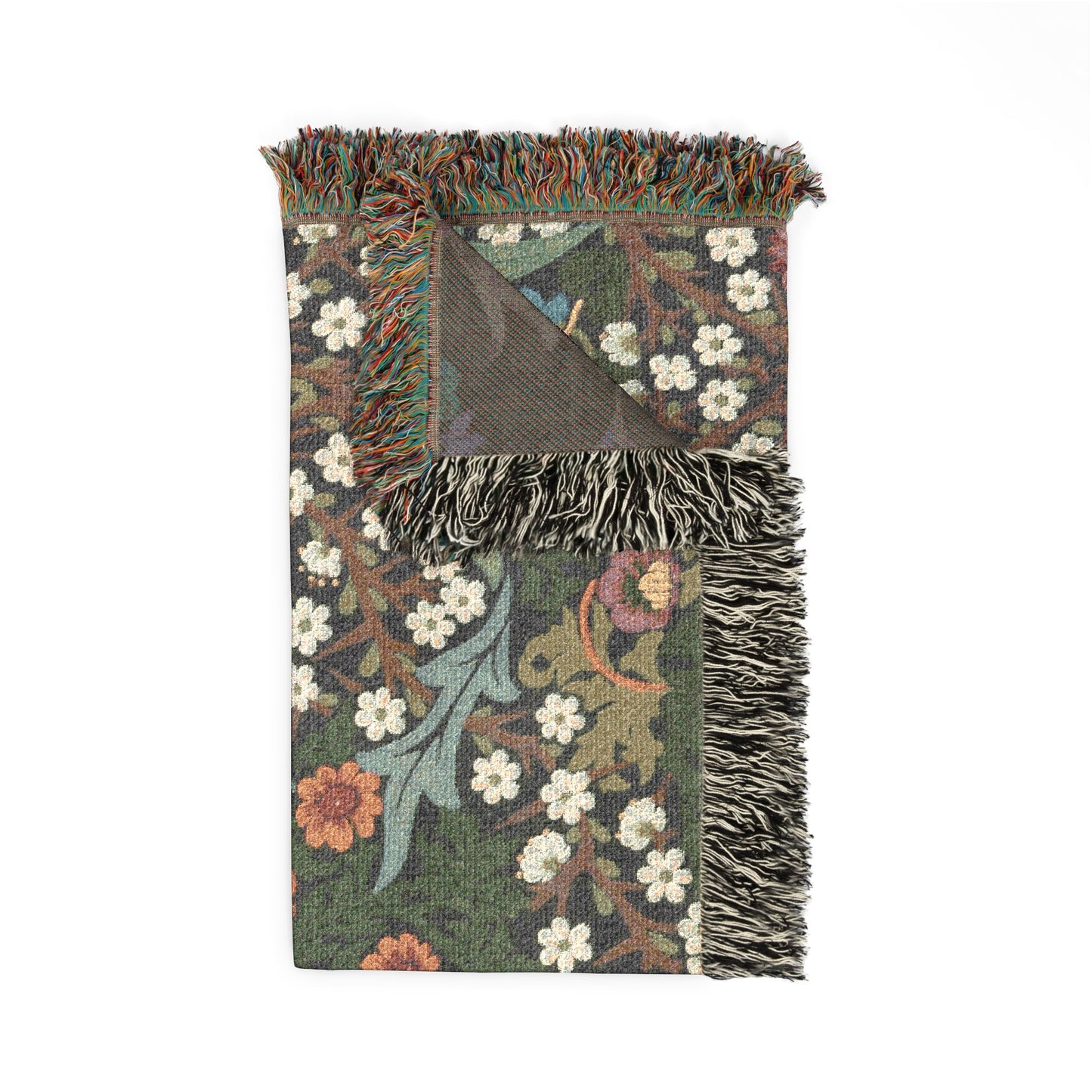 Floral patterned throw blanket with fringes on a white background