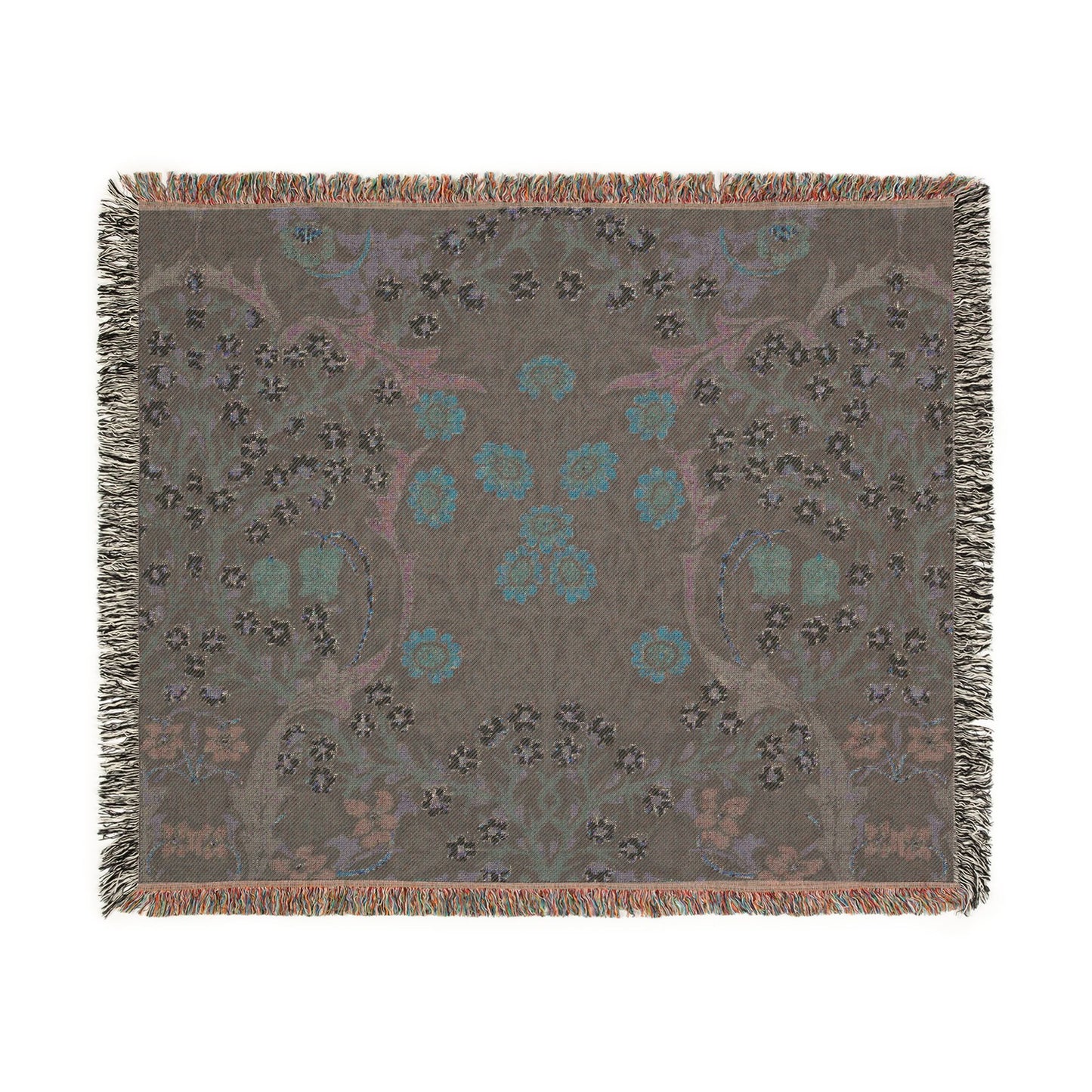 Floral patterned throw blanket on a white background