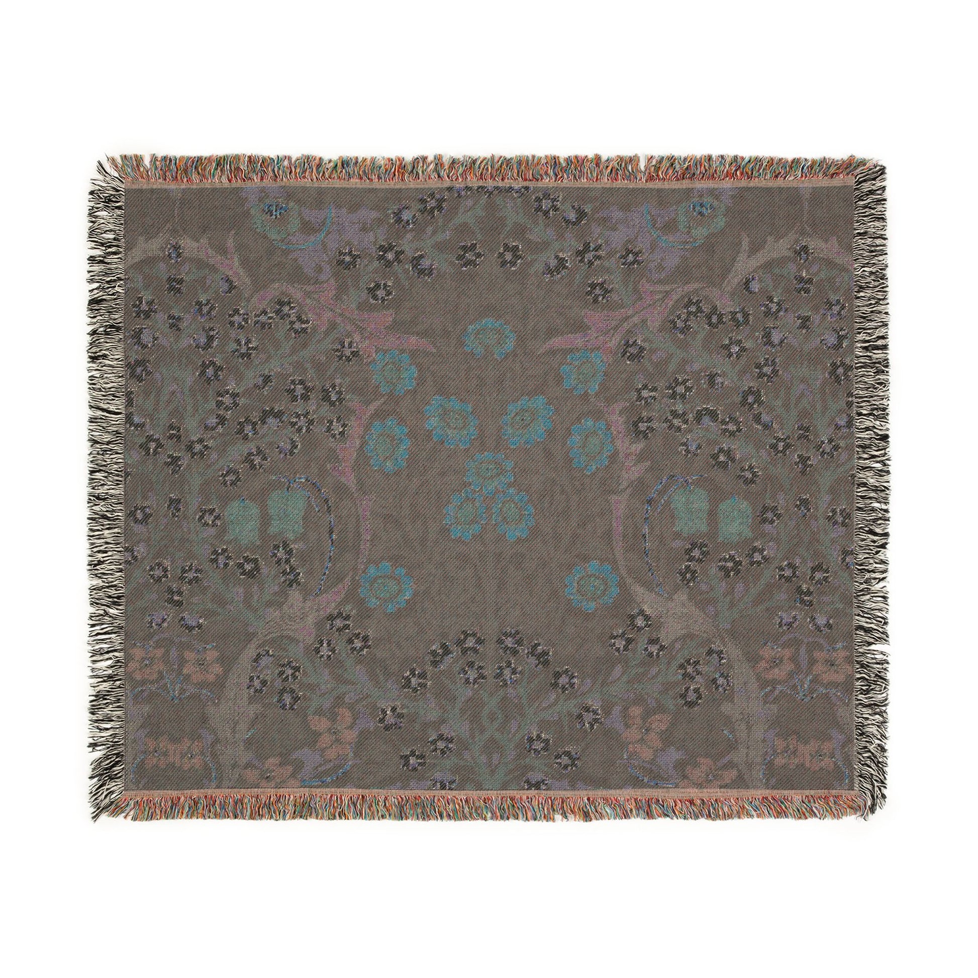 Floral patterned throw blanket on a white background