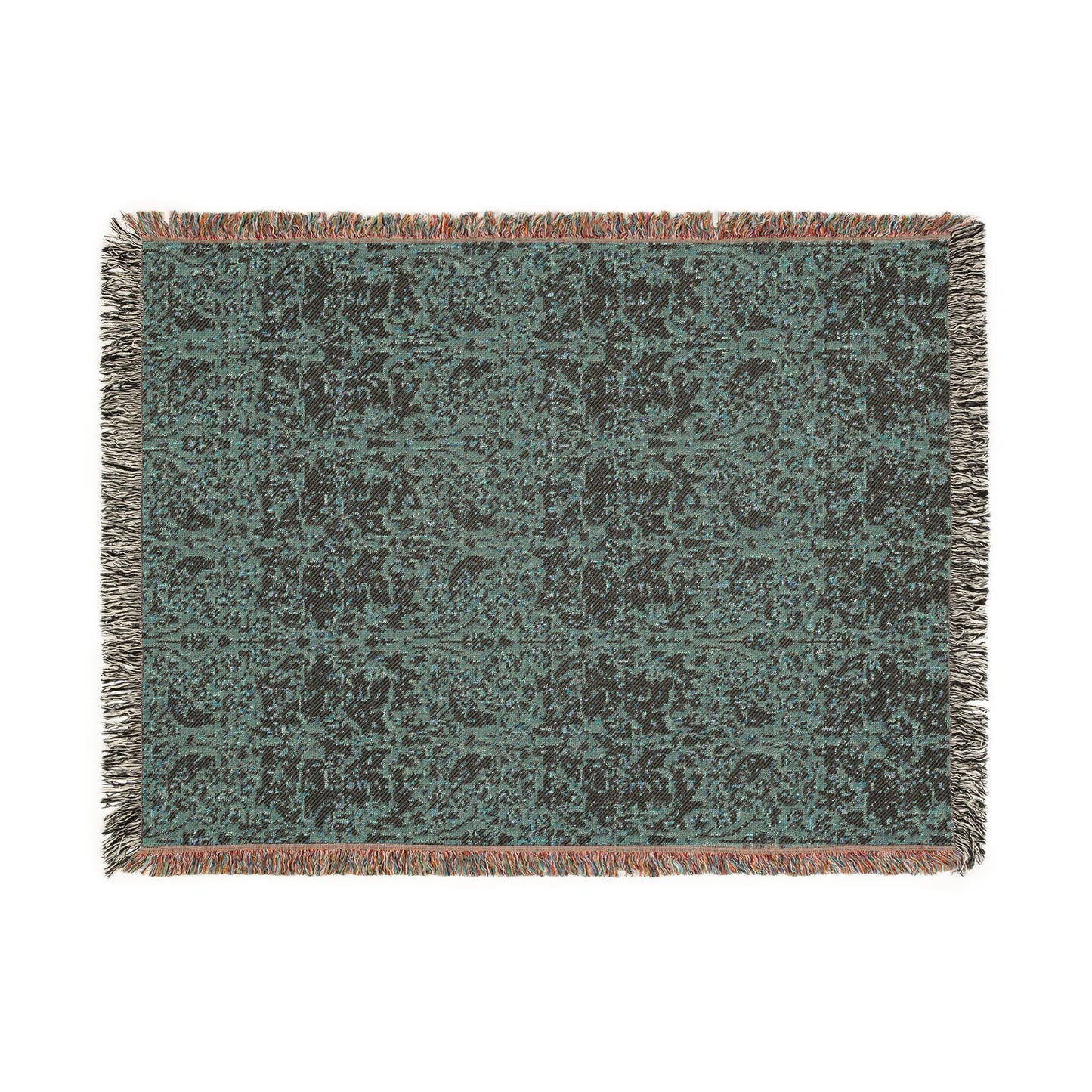 Textured green and brown patterned throw blanket on a white background