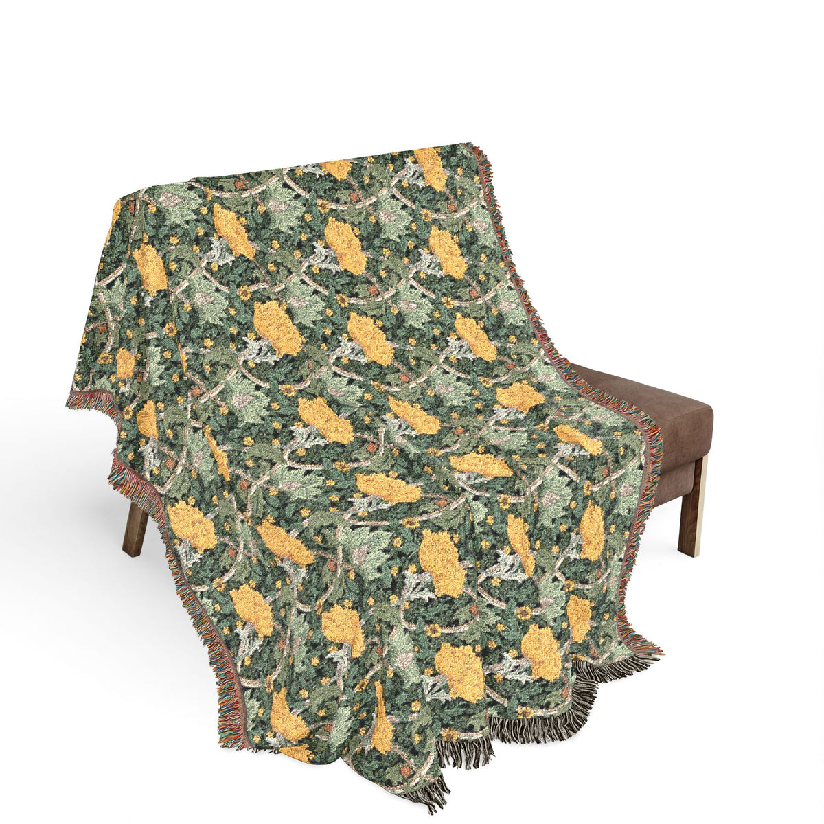Woven Cotton Blanket designed by William Morris & Co in a yellow and green floral pattern called Chrysanthemum Collection (Yellow)