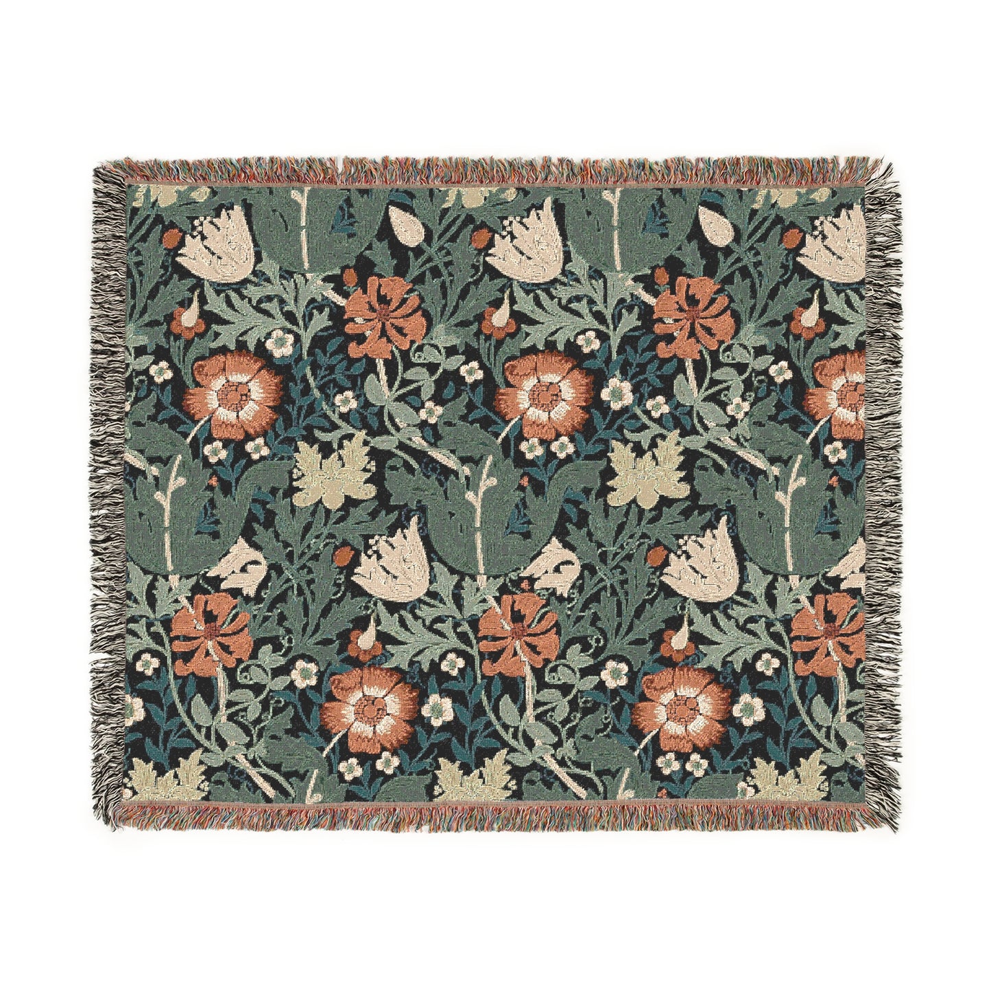 A woven cotton blanket with a floral pattern in green, brown, and beige colors, featuring colorful fringed edges.