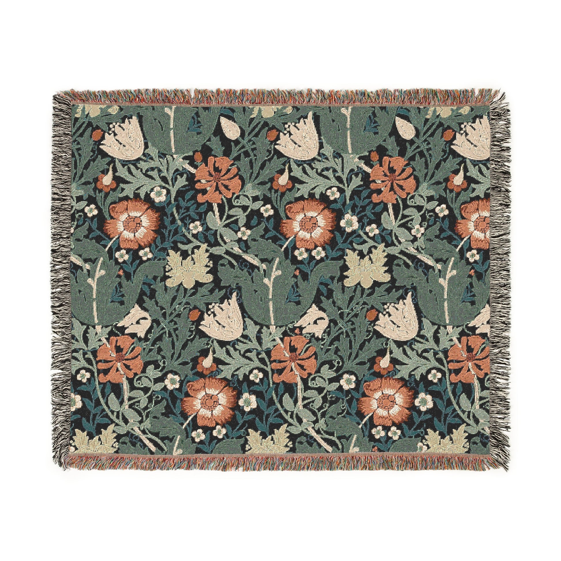 A woven cotton blanket with a floral pattern in green, brown, and beige colors, featuring colorful fringed edges.