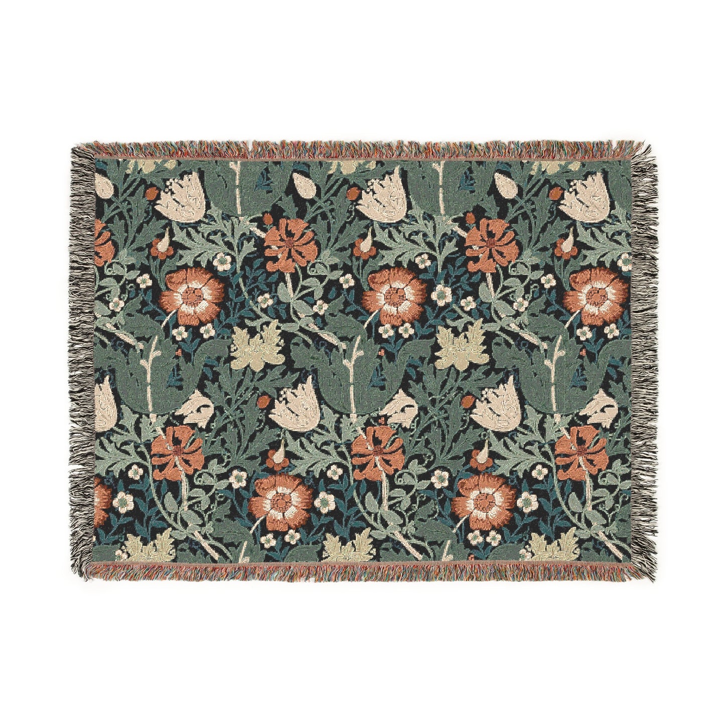 A woven cotton blanket with a floral pattern in green, brown, and beige colors, featuring colorful fringed edges.